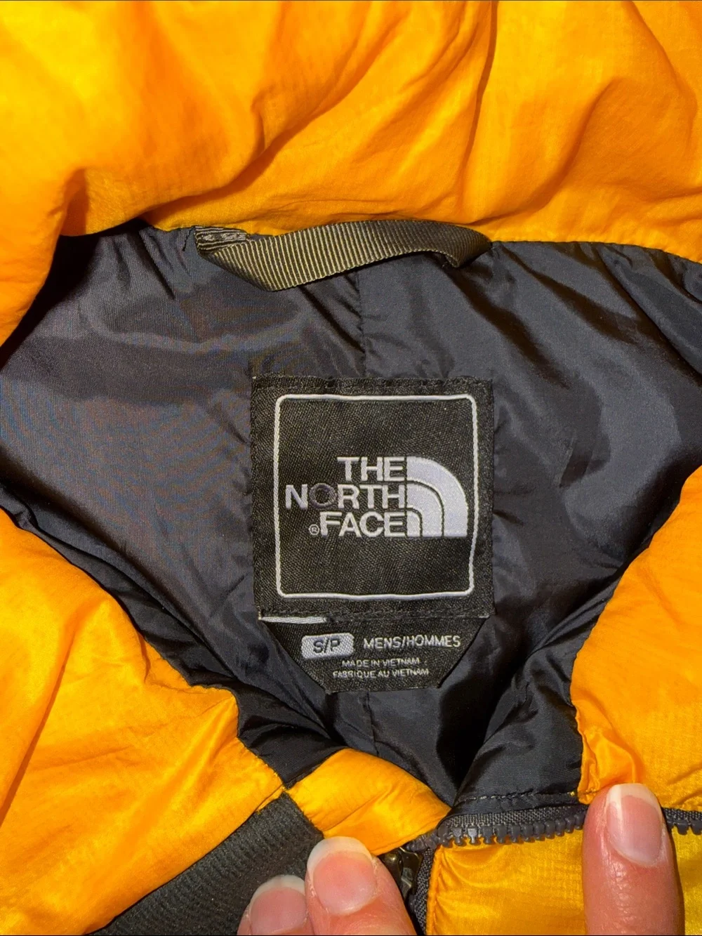 The North Face Men’s Yellow Puffer Jacket with Black Panels size small